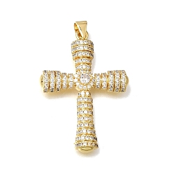 Plaqué 18K Or Véritable Pendentifs en laiton zircon cubique transparent, breloques en forme de croix de colonne, sans plomb et sans cadmium, plaqué longue durée, crémaillère plaquage, réel 18 k plaqué or, 37x26x4.5mm, Trou: 4x3mm