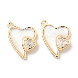Real 18K Gold Plated Natural Freshwater Shell Pendants, Brass Pave Clear Glass Heart Charms, Real 18K Gold Plated, 16.5x12x5mm, Hole: 1.2mm