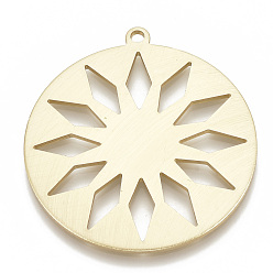 Gold Aluminium Big Pendants, Laser Cut Big Pendants, Flat Round with Sun, Gold, 64x59x2mm, Hole: 3mm