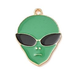 Vert Pendentifs en émail , charmes de visage extraterrestre, or, verte, 27.5x21x1.5mm, Trou: 2mm