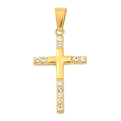 Золотой 304 подвески из нержавеющей стали, крест очарование, со стразами, вакуумное покрытие pvd, золотые, 37.5x22x2.5 мм, отверстие : 9x4.5 мм