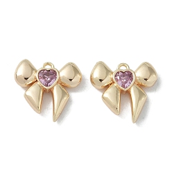 Plum Brass Charms, with Glass, Bowknot, Real 18K Gold Plated, Plum, 13x14x3mm, Hole: 1.4mm