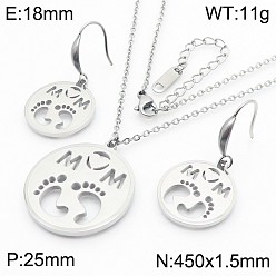 Нержавеющая Сталь Цвет День матери 304 комплекты украшений из нержавеющей стали, Серьги-подвески и кулоны в виде плоских круглых подвесок с надписью «мама и ножки малыша»., цвет нержавеющей стали, 7.08"(18см) и 18мм