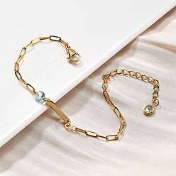 Светло-Голубой 304 браслеты из нержавеющей стали, браслеты прямоугольные звенья для женщин и мужчин, с кубического циркония, реальный 18 k позолоченный, Небесно-голубой, 6-3/8 дюйм (16.1 см)