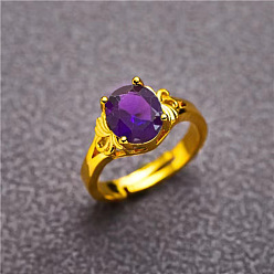 Фиолетовый Овальные латунные кольца с кубическим цирконием, золотые, фиолетовые, внутренний диаметр: регулируемый
