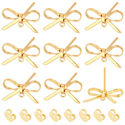 Real 18K Gold Plated 14Pcs Brass Stud Earring Findings, with Loop, Bowknot, Nickel Free, 14Pcs Brass Friction Ear Nuts, Real 18K Gold Plated, 8~10x15mm, Hole: 1mm, Pin: 0.7mm