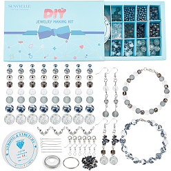 Gray 865Pieces DIY Glass Jewelry Kits, Including Round Beads, Gemstone Chip Beads, Alloy Lobster Claw Clasps, Brass Earring Hooks & Bead Tips & Crimp Beads, Gray, Gray, 4mm, Hole: 1.1mm