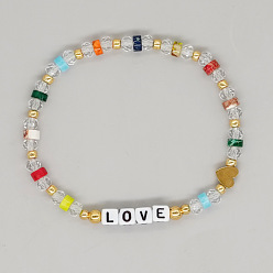 Разноцветный Браслеты из стеклянных бусин-ронделей, квадрат со словом любовь ювелирные изделия для женщин, граненые, красочный, внутренний диаметр: 2-3/8 дюйм (6 см)