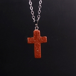 Goldstone Synthetic Goldstone Pendants, with Platinum Tone Brass Findings, Cross, 25x18mm