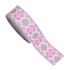 Hot Pink Rhombus Pattern Ethnic Style Embroidery Floral Polyester Ribbons, Jacquard Ribbon, Tyrolean Ribbon, Garment Accessories, Hot Pink, 1-1/4 inch(33mm), about 10.00 Yards(9.14m)/Roll