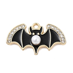 Черный Подвески из эмали и сплава, летучая мышь, со стразами и пластиковой имитацией жемчуга, золотые, чёрные, 14.5x25x5 мм, отверстие : 1.6 мм