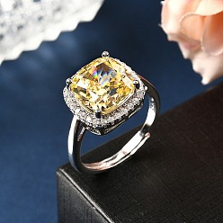 Квадрат Регулируемые 925 кольца-манжеты из стерлингового серебра с микропаве из кубического циркония для женщин, Реальная платина, квадратный, внутренний диаметр: 17.6 мм, площади: 13.5x13 mm