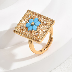 Синий Регулируемые кольца для женщин с микропаве из латуни и кубическими цирконами, квадратные с цветком, золотые, синие