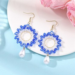 Blau Messing Glasperlen baumeln Ohrringe, Blume, mit Perlenanhängern aus ABS-Kunststoff, 304 Ohrhänger aus Edelstahl für Damen, Blau, 75x36 mm
