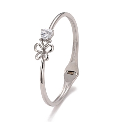 Stainless Steel Color Clear Cubic Zirconia Heart Butterfly Cuff Bangle, 304 Stainless Steel Hinged Open Bangle for Women, Stainless Steel Color, Inner Diameter: 2-1/4 inch(5.7cm)