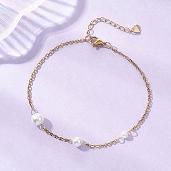 Золотой Круглая белая жемчужина из ракушки 304 Браслеты на лодыжку из нержавеющей стали с цепочкой для женщин, золотые, 9-1/8 дюйм (230 мм)