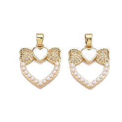 Настоящее золото 18K Латунные микропаве прозрачные подвески с фианитом, без кадмия и без свинца, с ракушкой и имитацией жемчуга из АБС, подвески в виде сердца и банта, реальный 18 k позолоченный, 22x19.5x3 мм, отверстие : 5.5x3 мм