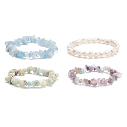Mixed Stone 4Pcs 4 Style Natural Pearl & Mixed Gemstone Chips Beaded Stretch Bracelets Set, Adjustable Stackable Bracelets for Women, Inner Diameter: 2-1/8 inch(5.3~5.5cm), 1Pc/style