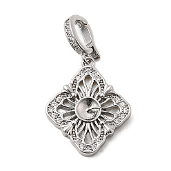 Платина Подвески из латуни с прозрачным фианитом, цветочные амулеты с натуральной оболочкой, за половину пробурено бисера, платина, 22.5x18.5x5 мм, отверстие : 6.5x4.5 мм