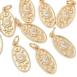 Chapado en Oro Real 18K Colgantes de latón con circonitas cúbicas transparentes de Shegrace, óvalo con dijes de sol, sin cadmio, plomo, níquel, real 18 k chapado en oro, 17.5x8.5x2 mm, agujero: 3.5 mm