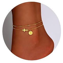 Letter D Браслеты на ногу из латуни с боковыми поперечными связями и плоскими круглыми начальными подвесками, золотые, Буква D, 7-7/8 дюйм (200 мм)