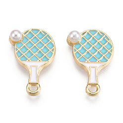 Светло-Голубой Подвески из сплава , с эмалью и бусиной из абс-пластика имитация жемчуга, без кадмия и без свинца, золотой свет, ракетка, Небесно-голубой, 20x13x4 мм, отверстие : 2 мм