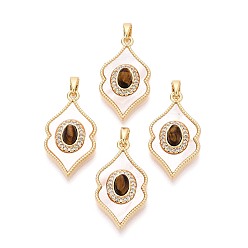 Тигровый глаз Натуральный тигровый глаз с подвесками из ракушек, Подвески для губ с латунными микропаве из прозрачных кубических цирконий., реальный 18 k позолоченный, 27.5x15x4.5~6 мм, отверстие : 5x2 мм