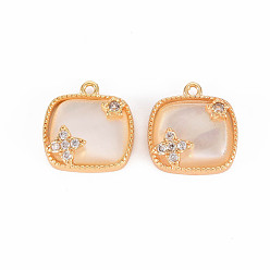 Real 18K Gold Plated Brass Micro Pave Clear Cubic Zirconia Charms, with Freshwater Shell, Nickel Free, Rectangle with Star, Real 18K Gold Plated, 12.5x12x4mm, Hole: 1mm