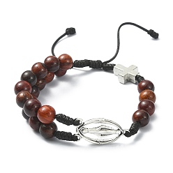 Античное Серебро Браслеты из деревянных плетеных бусин, браслет из сплава Девы Марии и перекрестных ссылок для женщин, античное серебро, внутренний диаметр: 2-1/8~3-1/8 дюйм (5.25~8 см)