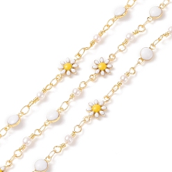 Real 18K Gold Plated Brass Enamel Flower & Flat Round Link Chains, with CCB Plastic Pearl Beaded, Soldered, with Spools, Cadmium Free & Lead Free, Real 18K Gold Plated, 13x7x2.5mm, 12.5x3mm, 9x5x3.5mm