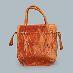 Chocolate Retro Rectangle Cloth Drawstring Women Wristlets, with Handles, Embroidery Flower Pattern, Chocolate, 21x20x6cm