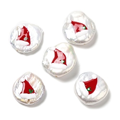 Hat Baroque Style Natural Keshi Pearl Beads, Hand Drawn Beads, Christmas Theme Beads with Enamel, Flat Round, Seashell Color, Hat, 17~20x15~17x4~7mm, Hole: 0.7mm