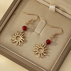 Темно-Красный Природные сердолик болтаться серьги, со сплавочной фурнитурой, солнце, золотые, темно-красный, 50x20 мм