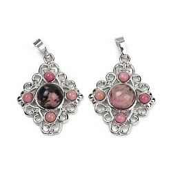 Родонит Природные подвески родонит, ромбовидные подвески с латунной фурнитурой, стойки покрытие, платина, 35.5x27x7.5 мм, отверстие : 8.5x4.5 мм