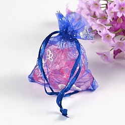 Dodger Blue Organza Bag with Drawstring, Jewelry Pouches Bags, for Wedding Party Candy Mesh Bags, Rectangle with Butterfly Pattern, Dodger Blue, 9x7cm