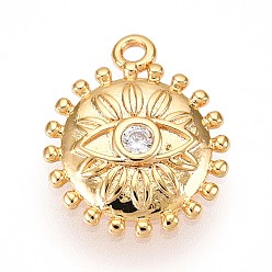 Настоящее золото 18K Латунные микропаве прозрачные подвески с фианитом, солнце со сглаза, без кадмия, без никеля и без свинца, реальный 18 k позолоченный, 13.8x11.5x2 мм, отверстие : 1.2 мм