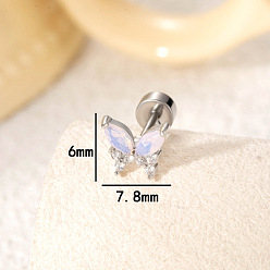 Pink Серьги-бабочки из латуни с паве из кубического циркония для хряща, с 304 штифтов из нержавеющей стали, цвет нержавеющей стали, розовые, 6x7.8 мм