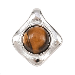 Нержавеющая Сталь Цвет Природных тигровый глаз подвески, ромб прелести, с 304 установками из нержавеющей стали, цвет нержавеющей стали, 22x19x8 мм, отверстие : 5x3.5 мм