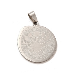 Couleur Acier Inoxydable Pendentifs en acier inoxydable anti-ternissement, plat rond avec breloque serpent et phase de lune, couleur inox, 201mm, Trou: 28x24.5x1.5mm