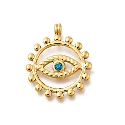 Индиколит 304 подвески из нержавеющей стали, со стразами, ионное покрытие (ip), плоский круглый с шармом в виде глаз, реальный 14 k позолоченный, Indicolite, 23.5x20x2.5 мм, отверстие : 2.5 мм
