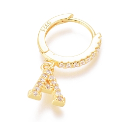 Letter A 925 Sterling Silver Hoop Earrings, Dangle Earrings, with Cubic Zirconia, with S925 Stamp, Letter, Clear, Golden, Letter.A, 19mm, Pendants: about 8.8x6.5x1.5mm, Pin: 0.6mm