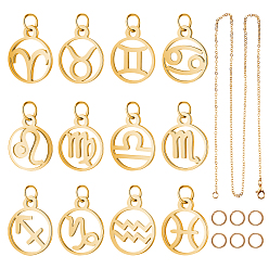 Golden DIY Twelve Constellations Pendant Necklace Making Kits, include Brass Cable Chains Necklace Making, 304 Stainless Steel Pendants, Manual Polishing, Ring, Golden, 18x16x1.5mm, Hole: 1.6mm, 44pcs/box