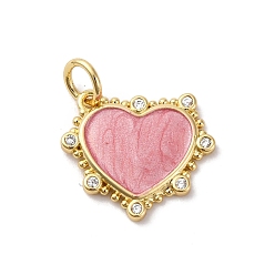 Ярко-Розовый Латунный паве из кубических цирконий с эмалевыми подвесками, формы сердца, стойки покрытие, без свинца и без кадмия, долговечный, реальный 18 k позолоченный, с целью перехода в кольце, ярко-розовый, 13.5x15x2 мм, отверстие : 3.5 мм