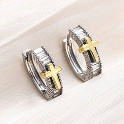 Cross Латунные серьги-кольца из прозрачного кубического циркония, долговечный, без свинца и без кадмия, реальный 18 k позолоченный, крестик, 15.5x17x5.5 мм