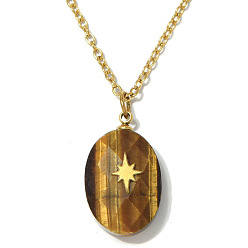 Tiger Eye Natural Tiger Eye Faceted Oval Pendant 304 Stainless Steel Cable Chain Necklaces for Women, Golden, 15.75 inch(40cm)