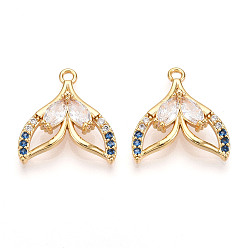 Настоящее золото 18K Латунные микро проложить кубического циркония подвески, прелести рыбий хвост, реальный 18 k позолоченный, 17x15.5x4.5 мм, отверстие : 1.4 мм