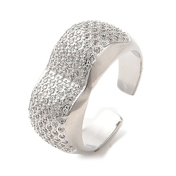 Platinum Brass Micro Pave Cubic Zirconia Open Cuff Rings, Cadmium Free & Lead Free, Platinum, Inner Diameter: 17mm