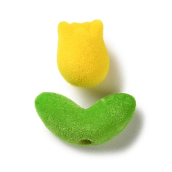 Желтый Флокированные непрозрачные акриловые бусины, цветок и лист тюльпана, желтые, 15.5x12 мм, отверстие : 2 мм