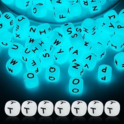 Letter T Cube with Letter Luminous Silicone Beads, Glow in the Dark, Letter T, 12x12x12mm, Hole: 2mm