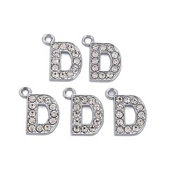Letter D Подвески из сплава , с кристально горный хрусталь, платина, без кадмия и без свинца, алфавит, letter.d, 17x14x2 мм, отверстие : 2 мм